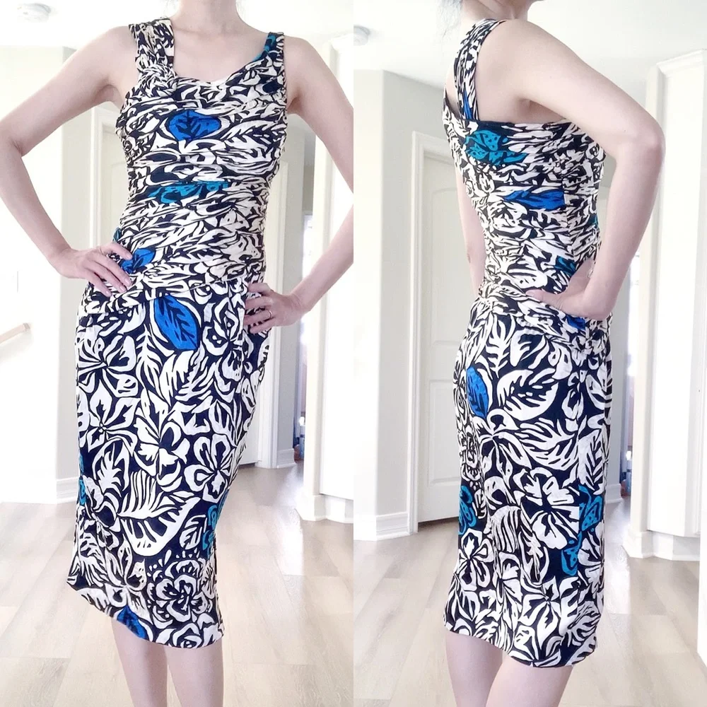 SILKS BY ST. GILLAN Vibrant Floral Abstract Leaf Print Silk Wiggle Dress - Picture 4 of 15